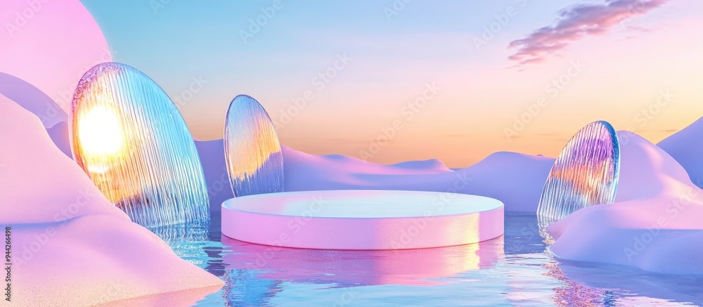 Poster 3D rendering of a surreal landscape featuring a round podium on water with vibrant sand The podium stands against an abstract backdrop of glass and mirrored shapes creating a fantastical and futuri