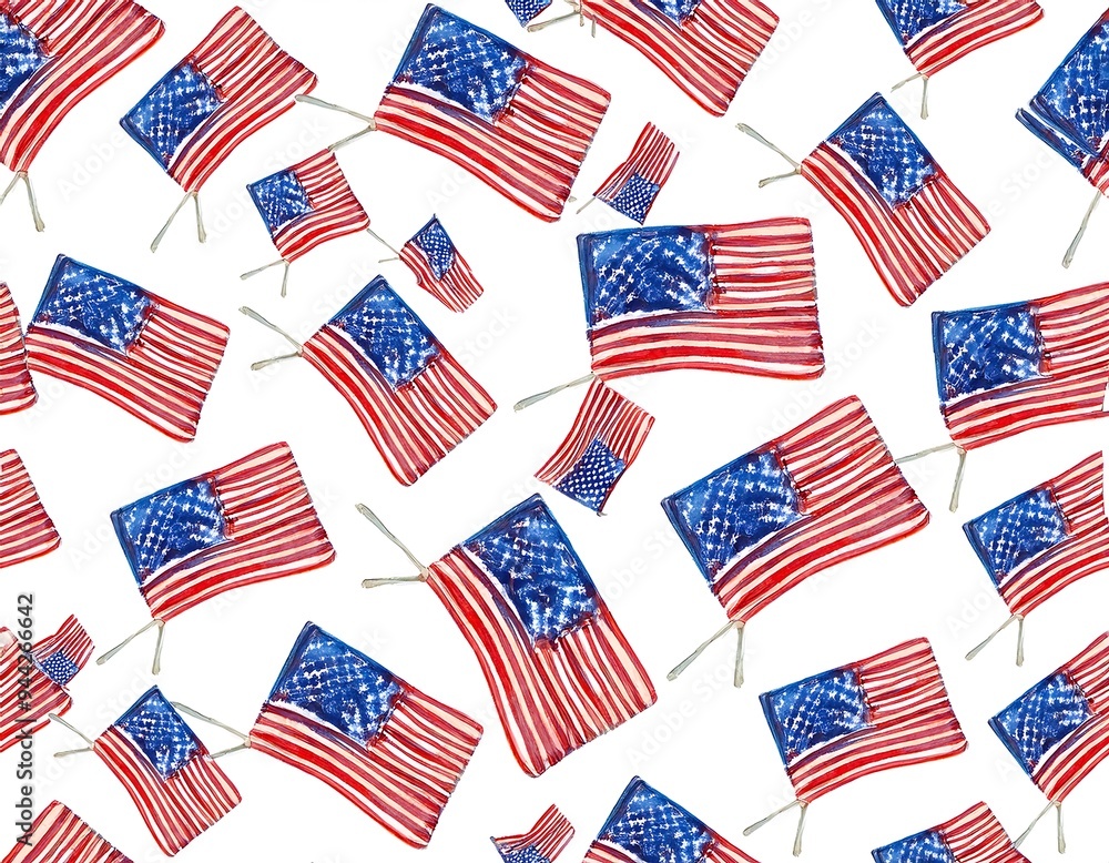 Wall mural vector american flags seamless pattern watercolor style gift wrapping paper decoration display white