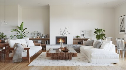 A modern living room with a Scandinavian style, a white sofa with a few cushions, fireplace and a rustic wooden coffee. 