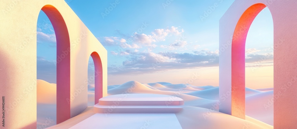 Poster 3d render of an abstract surreal pastel landscape featuring arches and a podium for product display 