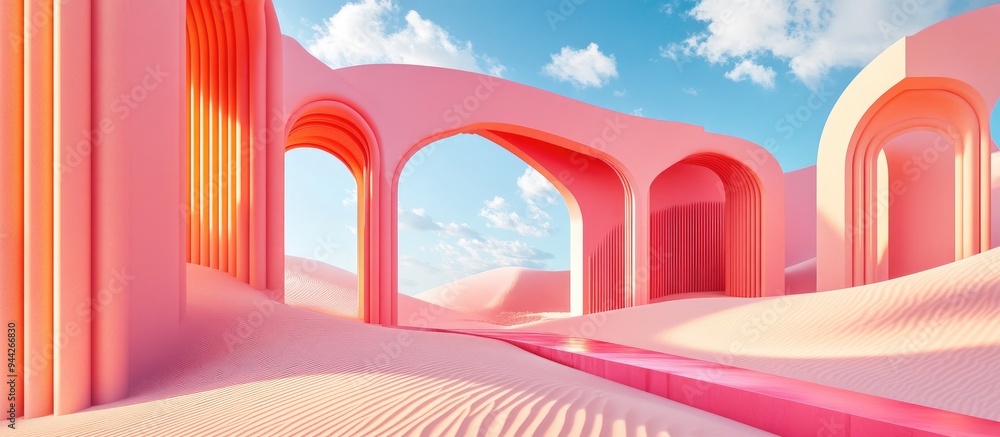 Poster 3d rendering of an abstract surreal pastel landscape featuring modern architecture and geometric arc