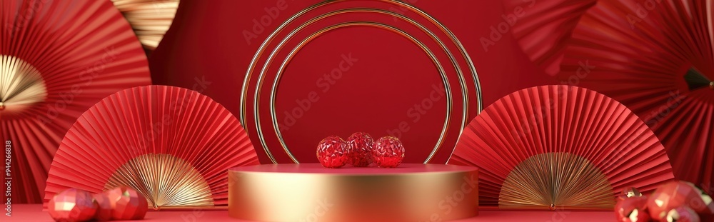 Poster 3D podium with golden ring design for a festive background adorned with red fans in vibrant hues serving as a mockup for product display and advertisement