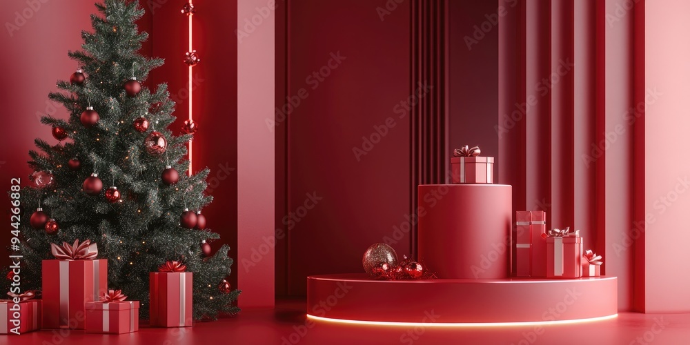 Aufkleber 3D red podium with a festive backdrop featuring a Christmas tree designed for a New Year theme showcasing a product display stand for cosmetics illustrated in a Vray render style