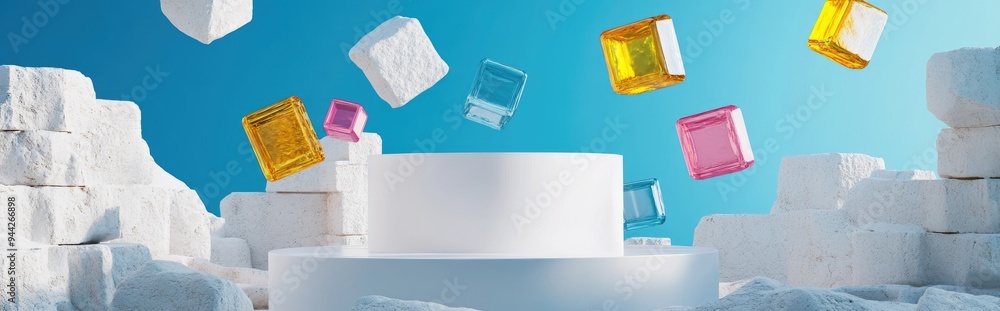 Aufkleber 3d render of an abstract background featuring white cobblestone ruins and colorful glass blocks in m