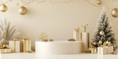 3D Christmas display podium featuring gold decorations and a cream backdrop ideal for luxury product presentations gift showcases and cosmetic displays