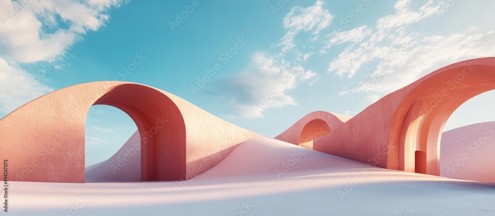 Poster 3d render of an abstract surreal pastel landscape featuring modern architecture and geometric arches