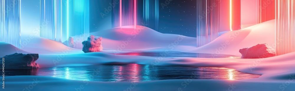 Poster 3d render of a surreal landscape featuring water and vibrant sand a podium display set against an ab