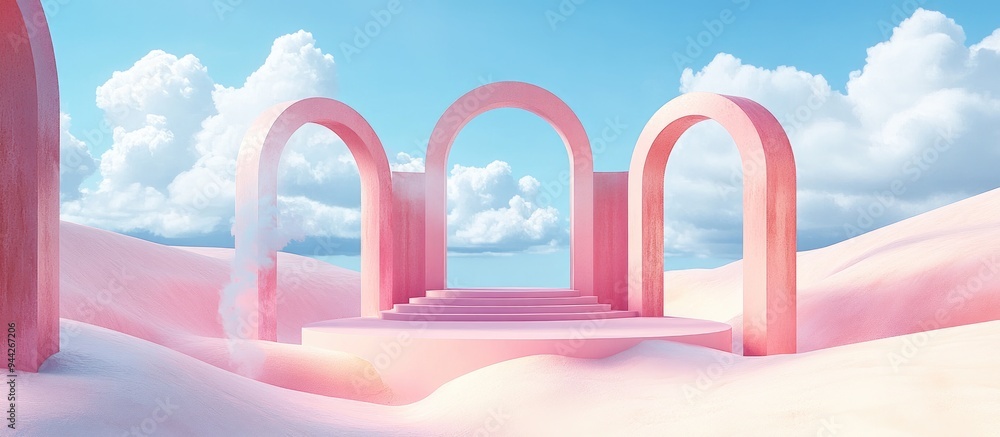 Poster 3D render of an abstract surreal pastel landscape featuring arches and a podium for product display panoramic perspective vibrant dune scene with empty space blue sky with clouds minimalist decor a