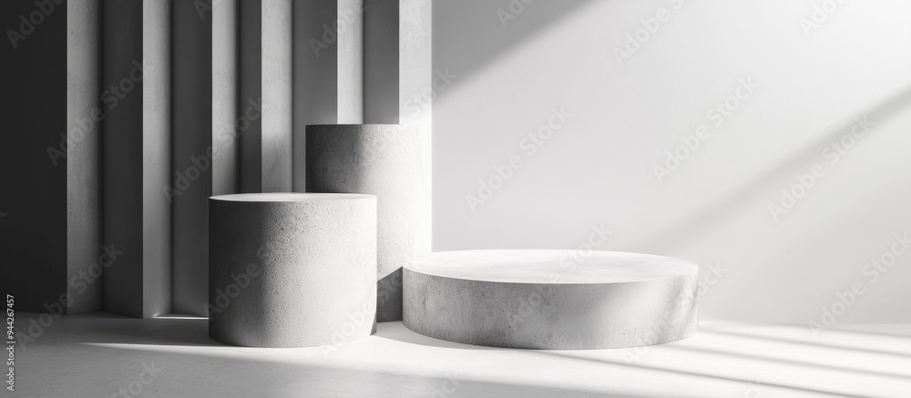 Poster 3d minimalistic podium featuring a bright gray and white cylindrical design abstract geometric shape