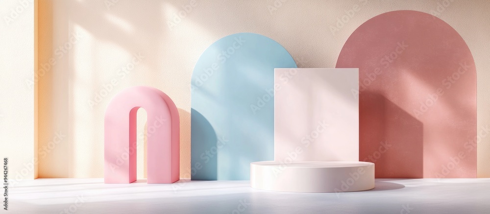 Poster 3d rendered podium backdrop with abstract geometric shapes in pastel colors minimalist design for co
