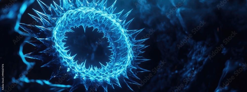 Fototapete 3D rendering of an abstract blue round fractal portal with spikes featuring a round spiral against a dark isolated background