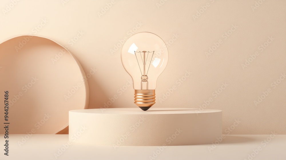 Poster 3d podium showcase against a soft beige backdrop featuring a light bulb concepts of creativity busin