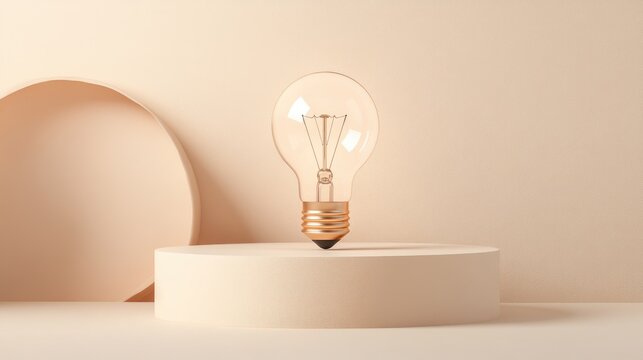 3D podium showcase against a soft beige backdrop featuring a light bulb Concepts of creativity business achievement and strategic planning