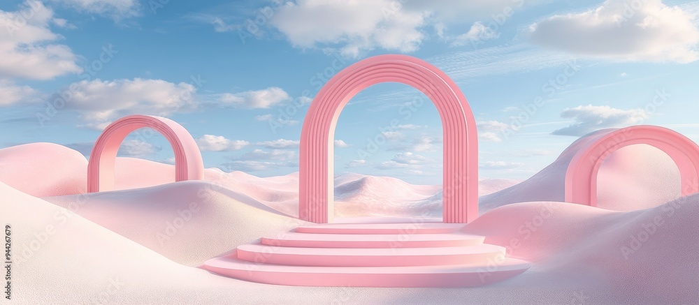Poster 3D render of an abstract surreal pastel landscape featuring arches and a podium for product display panoramic view with a vibrant dune scene blue sky and clouds complemented by minimalist decor des