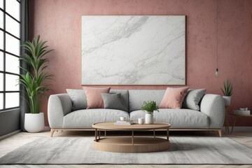 Minimalist Living Room with Pink Wall, Grey Sofa, and Marble Artwork