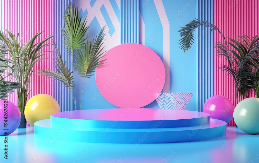 Aufkleber 3D rendering of a vibrant summer themed background for product presentation featuring a geometric Memphis design