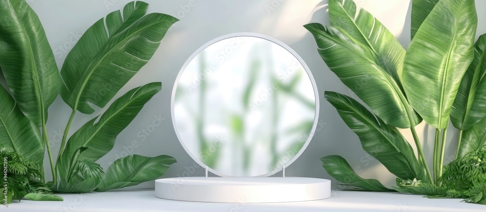 Aufkleber 3d render of an empty white circular display stand featuring a clear mirror effect and a reeded glas
