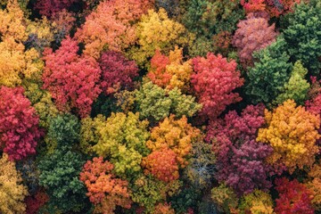 Aerial View of a Forest in Autumn with Vibrant Colors