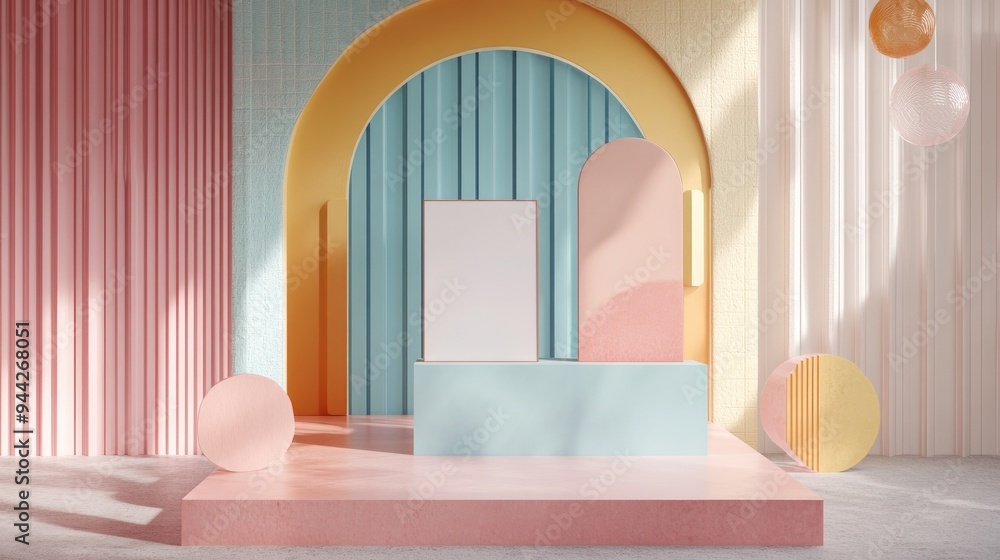 Poster 3D rendering of a contemporary mock up featuring an abstract geometric background a blank template a minimalist empty showcase primitive shapes and an art deco display in pastel colors