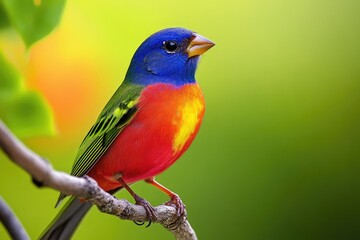 Painted Bunting Bird. Most Colorful Bird of North America in Natural Forest Habitat