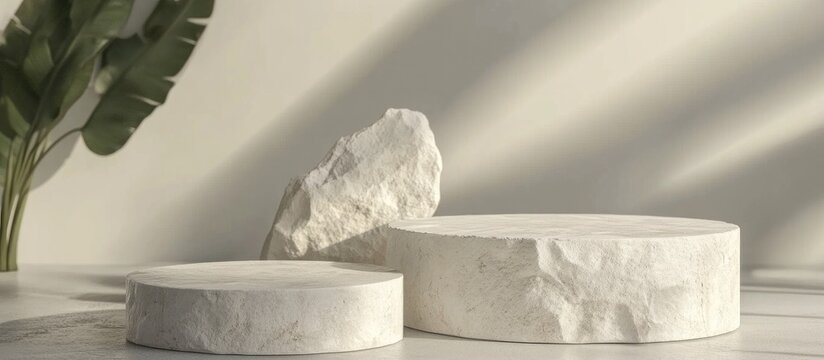 3D background of white stone pedestal featuring a strong podium stand made of natural material ideal for showcasing fashion and cosmetic products