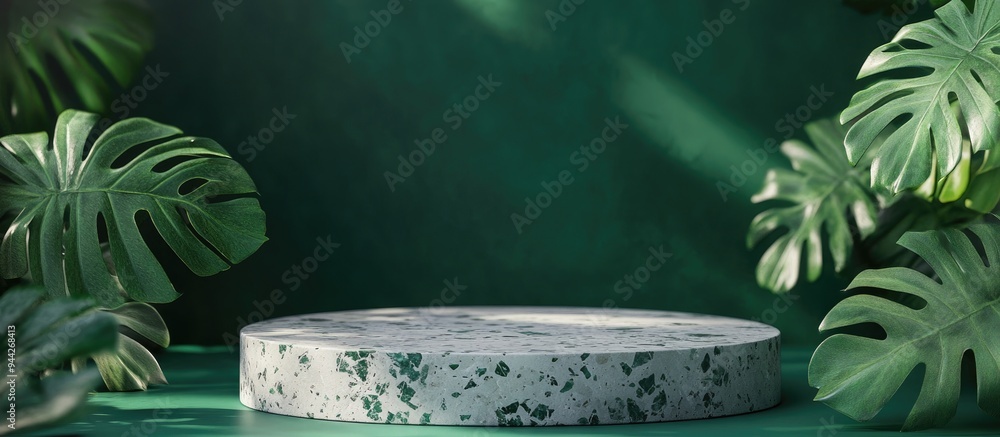 Poster 3d render of an abstract podium display featuring terrazzo and monstera leaves concept for product p