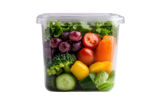 Fresh mixed vegetables and fruits in a clear container, perfect for healthy eating and meal prep isolate on transparency background