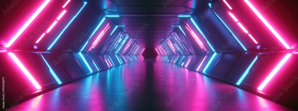 Fototapete 3D rendering of a neon glow sci fi futuristic background featuring an abstract corridor tunnel with a spaceship