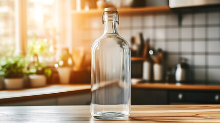 Empty reusable water bottle standing on a kitchen counter with sunlight