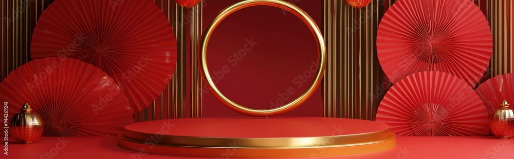 Leinwandbilder 3d podium with golden ring design for a festive background adorned with red fans in vibrant hues ser