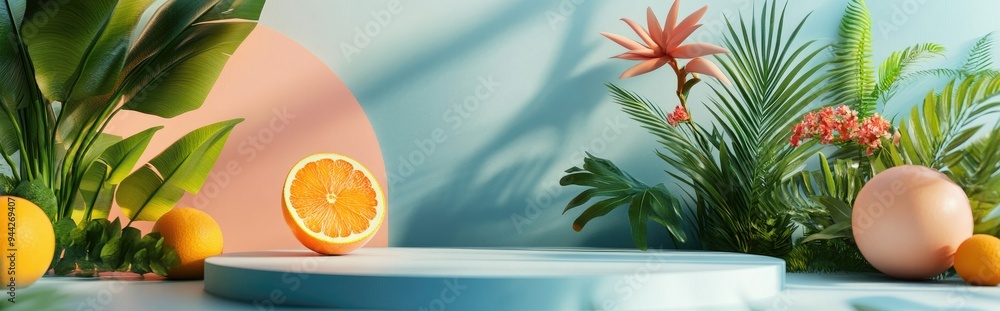 Poster 3D Illustration of a Minimal Studio Environment for Product Presentation in a Spring Summer Theme