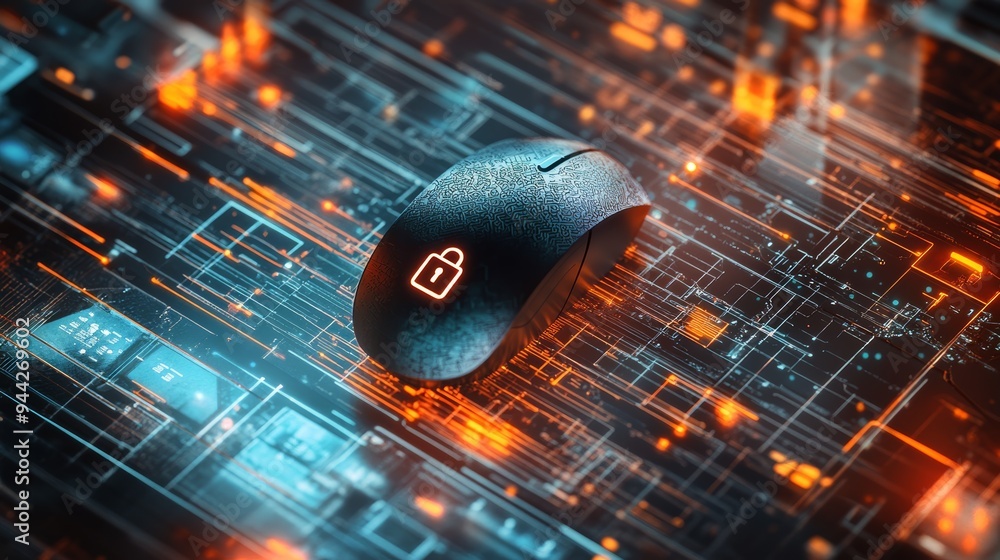Poster Computer mouse with a glowing lock icon on a circuit board background symbolizing cybersecurity. Represents secure data access.