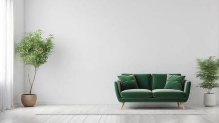 Green Velvet Sofa in Minimalist Living Room with Plants