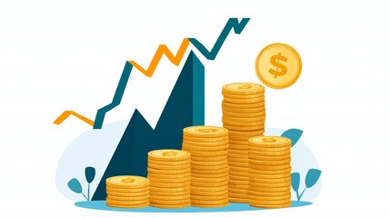 Stock market assets, fluctuating graphs with coins, flat design illustration