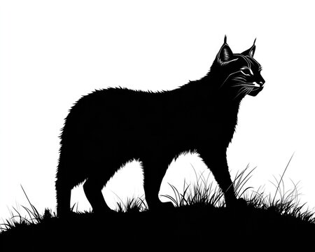 recommend clip art: Bobcat Silhouette in Black. Wild Cat Illustration with Sheep in Background