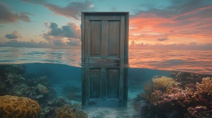 Rustic wooden door standing on shallow ocean waters at sunrise