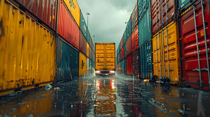 Fototapeta premium Rainy Day at the Shipping Container Yard - Realistic Image