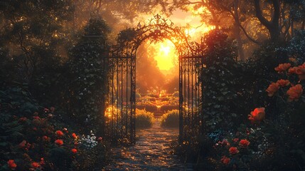 Wrought iron gate covered in ivy opening to a blooming garden at sunset