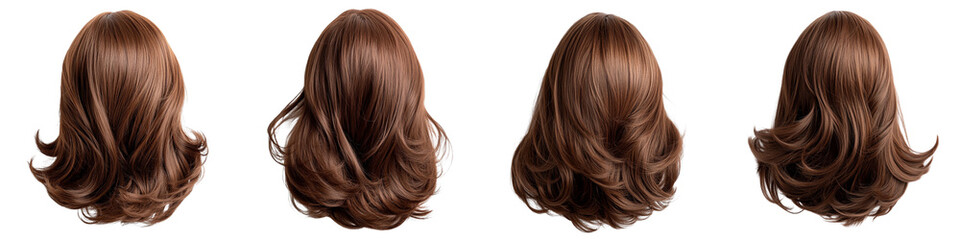set of A brown hair wig on a white background, top view on a transparent background