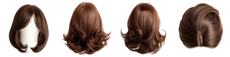 Naklejka premium set of A brown hair wig on a white background, top view on a transparent background