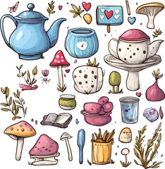 Whimsical Tea Party Doodles with Mushrooms, Teapots, and Decorative Elements  
