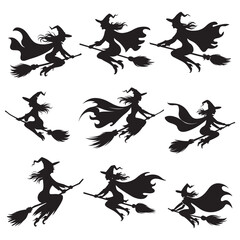 Mythical characters for Halloween, Silhouette witch flies on a magic broomstick