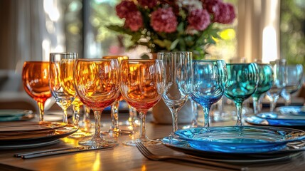 Beautiful glass plates and glasses on the table in the kitchen near the window, different colors. Blurred background