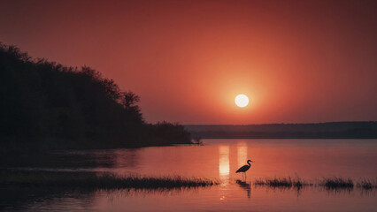 Naklejka premium Stork by the water at sunset