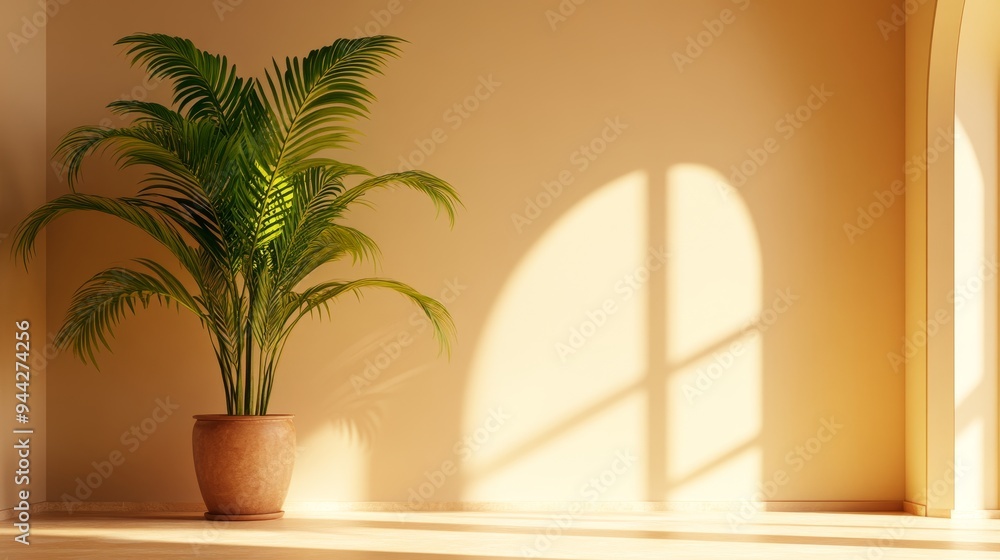 Poster A serene minimalist space featuring a lush palm plant in a terracotta pot, bathed in soft, natural light streaming through a window. The warm hues and simple composition create a sense of tranquility 