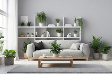 Modern Living Room with White Sofa, Bookshelf, and Plants