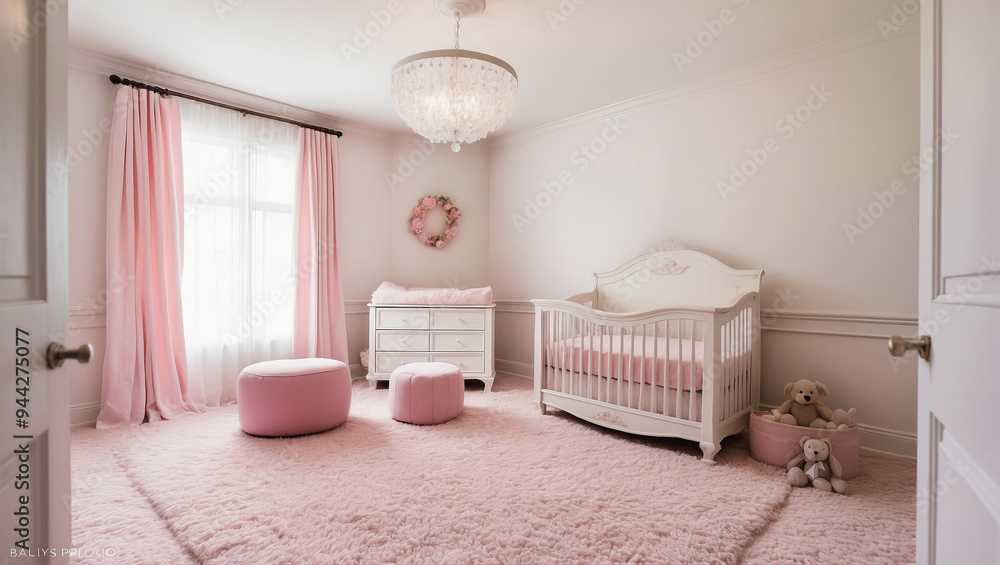 Wall mural Pink bedroom for a baby girl.