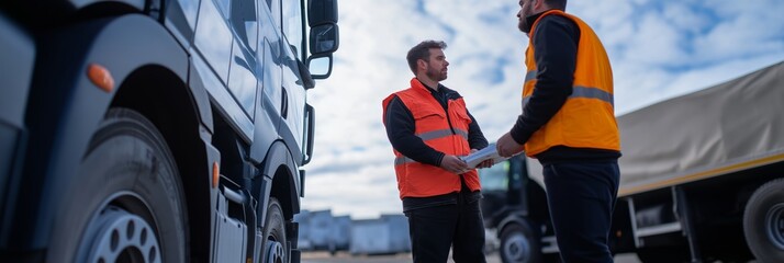 Two truck drivers in safety vests and boots discussing logistics plans amidst trucks and trailers at a distribution site.