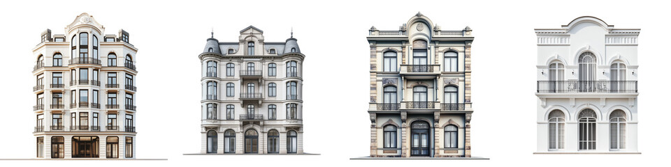 set of combination of contemporary and historical building aesthetics, Aesthetic Synthesis of Modern and Traditional Architecture, on a transparent backgrounds