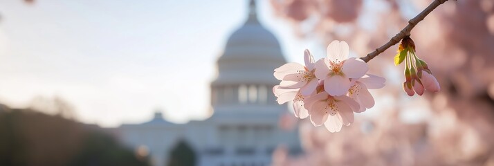 Close-up shot of cherry blossoms with a domed white building in the background on a sunny day.